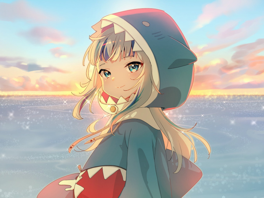 1girl, animal_costume, animal_hood, blue_eyes, blue_hair, blue_hoodie, blue_sky, blush