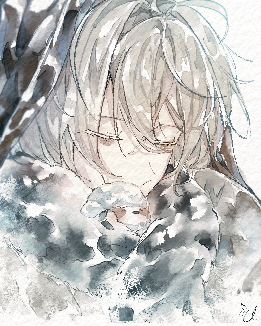 1boy, bird, bishounen, closed_eyes, fur_collar, hat, highres, male_focus