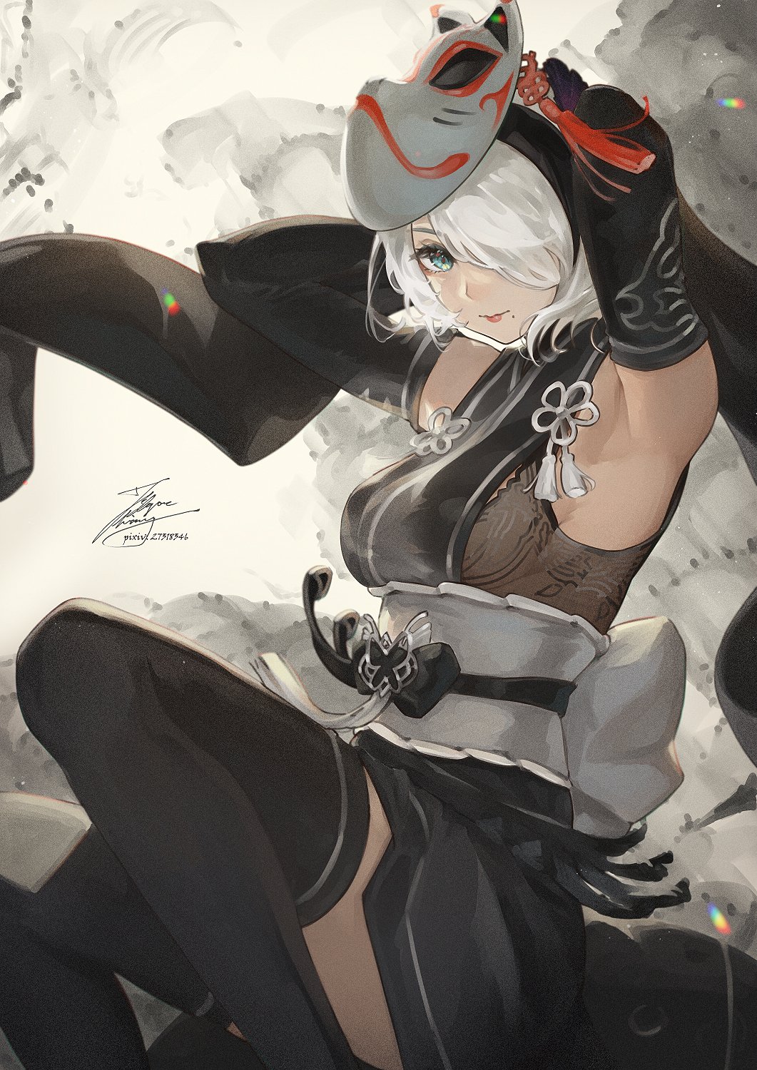 1girl, 2b_(nier:automata), armpits, blue_eyes, breasts, dress, elbow_gloves, fadingz
