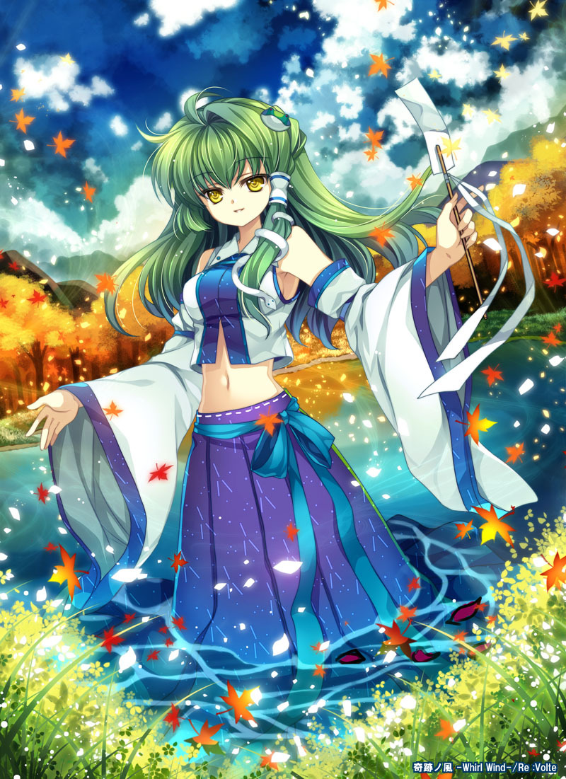 bare_shoulders, capura.l, capura_lin, detached_sleeves, frog, gohei, green_hair, hair_ornament
