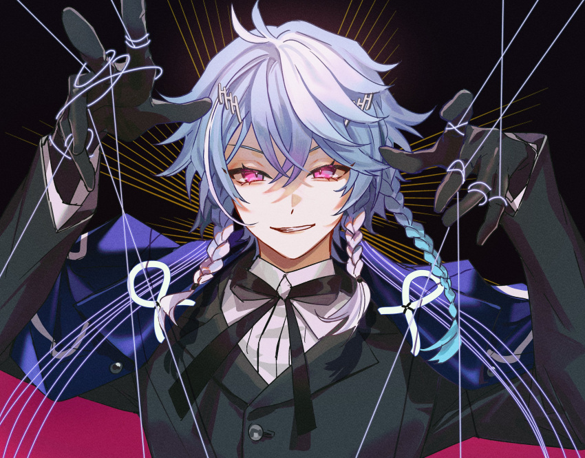 1boy, bishounen, black_gloves, blue_hair, commentary, dark_background, eyelashes, gloves