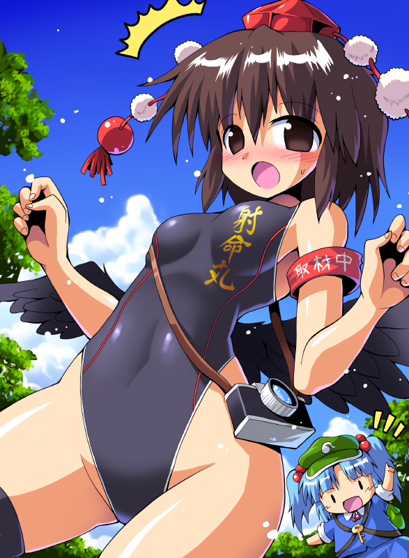 backpack, bag, black_wings, blue_hair, blush, brown_eyes, brown_hair, camera