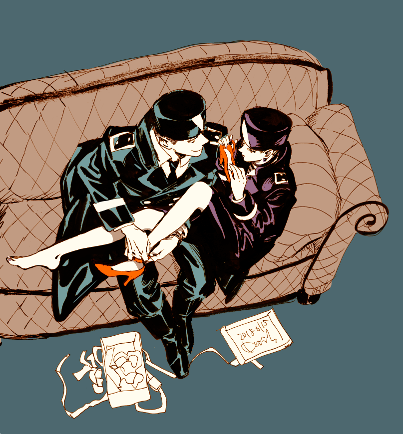 1boy, 1girl, alexander_(veil), bandages, blue_background, box, closed_eyes, coat