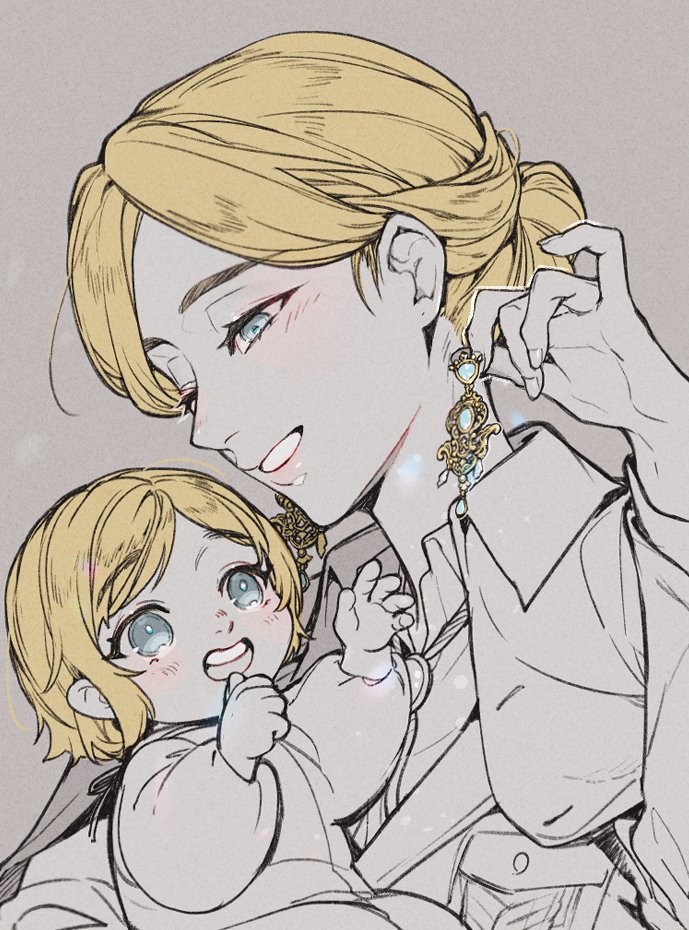 2girls, baby_carry, blonde_hair, blue_eyes, blush, carrying, christa_renz, collared_jacket