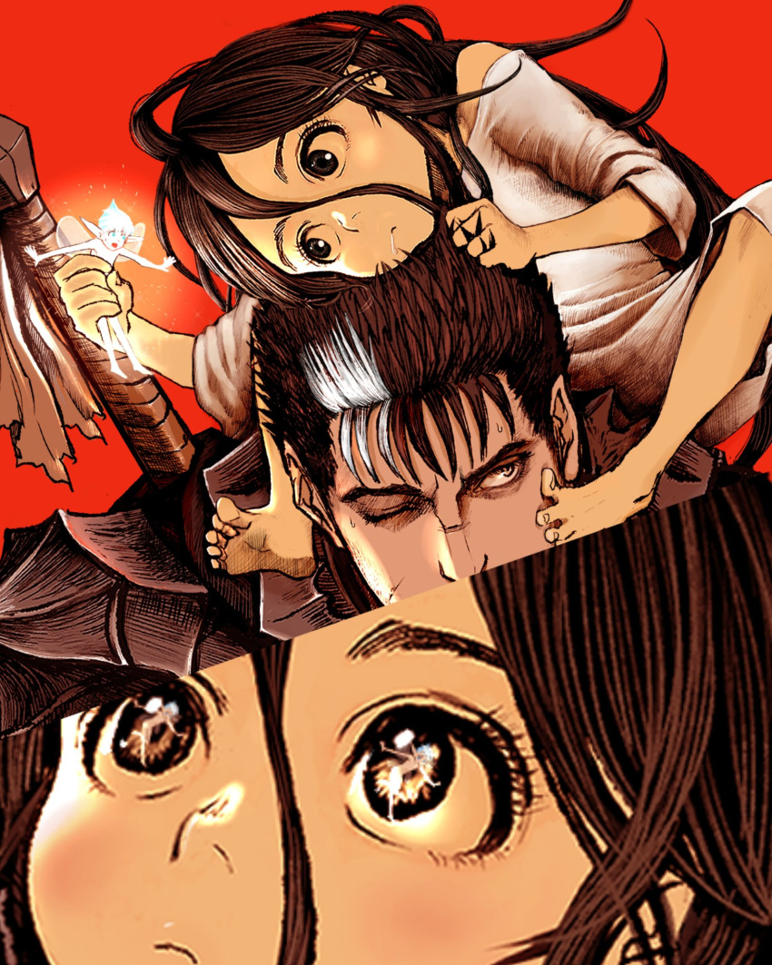 3boys, armor, bare_shoulders, barefoot, berserk, berserker_armor, black_armor, black_eyes