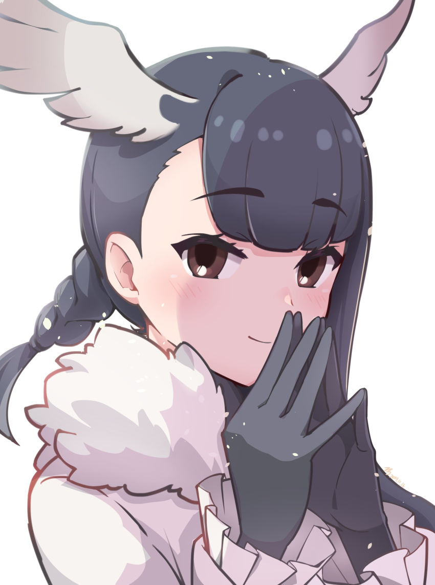 1girl, bird_girl, bird_wings, black-headed_ibis_(kemono_friends), black_gloves, black_hair, blunt_bangs, blush