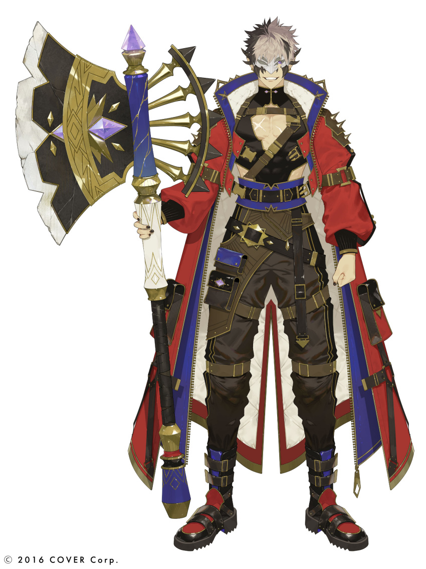 1boy, absurdres, axe, black_hair, black_nails, brown_pants, cleavage_cutout, clenched_hand