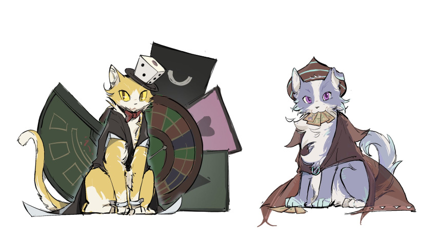 animal, animalization, blue_cat, boli_yan_moni_qi, bow, bowtie, cat, dice, eye_of_senri, hat, highres, len'en, no_humans, red_bow, red_bowtie, red_headwear, senri_haiji, simple_background, spell_card, striped, striped_headwear, white_background, white_wrist_cuffs, wrist_cuffs, xeno_a, yellow_cat