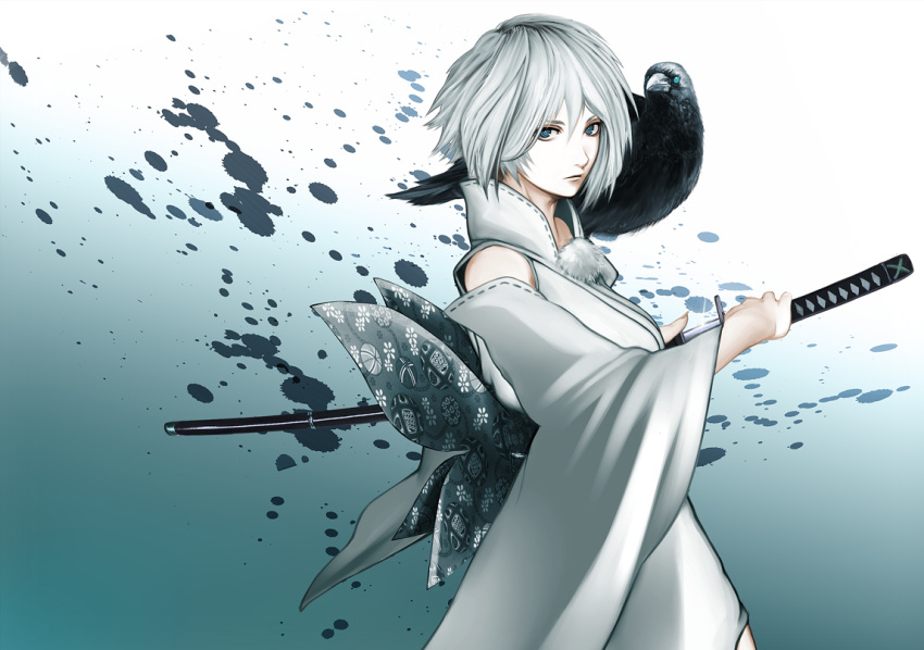 al_bhed_eyes, blue_eyes, bow, crow, detached_sleeves, japanese_clothes, katana, niiyaso, original, ringed_eyes, sheath, short_hair, solo, sword, unsheathing, weapon, white_hair