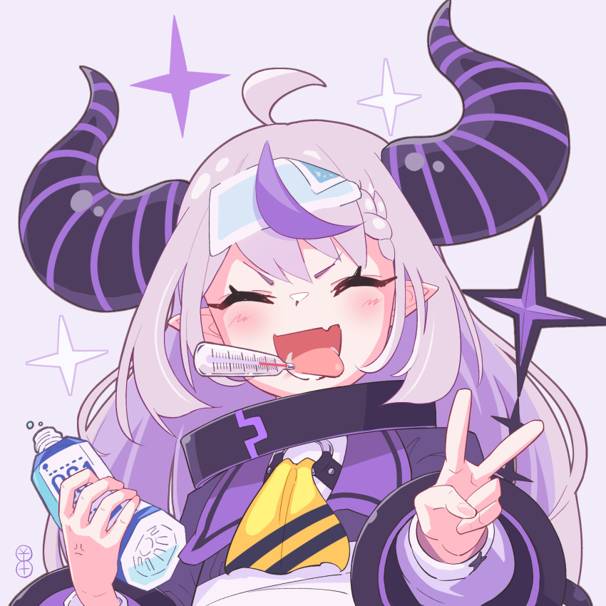 1girl, alternate_costume, anger_vein, ascot, black_horns, bottle, braid, braided_bangs, collar, fang, grey_hair, highres, hololive, horns, la+_darknesss, la+_darknesss_(1st_costume), liquid-in-glass_thermometer, long_hair, metal_collar, multicolored_hair, otsuri_8yen, pointy_ears, purple_hair, skin_fang, streaked_hair, striped_horns, thermometer, tongue, tongue_out, v, virtual_youtuber, water_bottle, yellow_ascot
