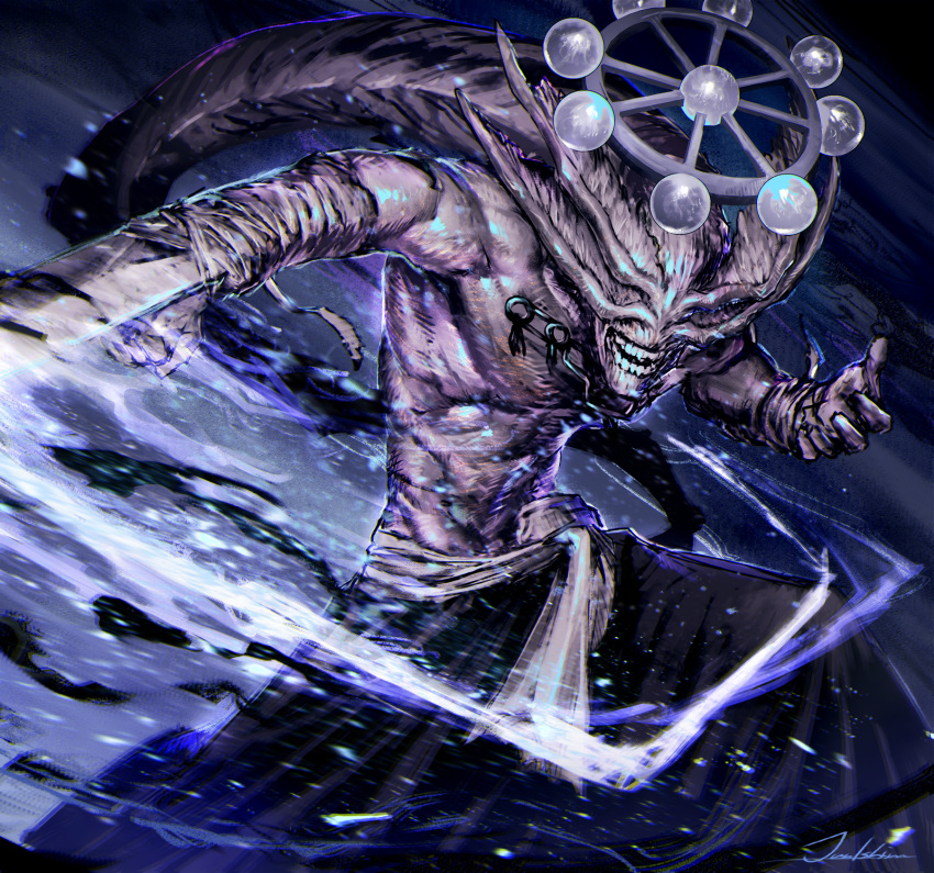 1other, blue_theme, grin, highres, jujutsu_kaisen, jun_ishimaru, mahoraga_(jujutsu_kaisen), monster, muscular_other, shikigami, smile, solo, upper_body, wheel_of_dharma