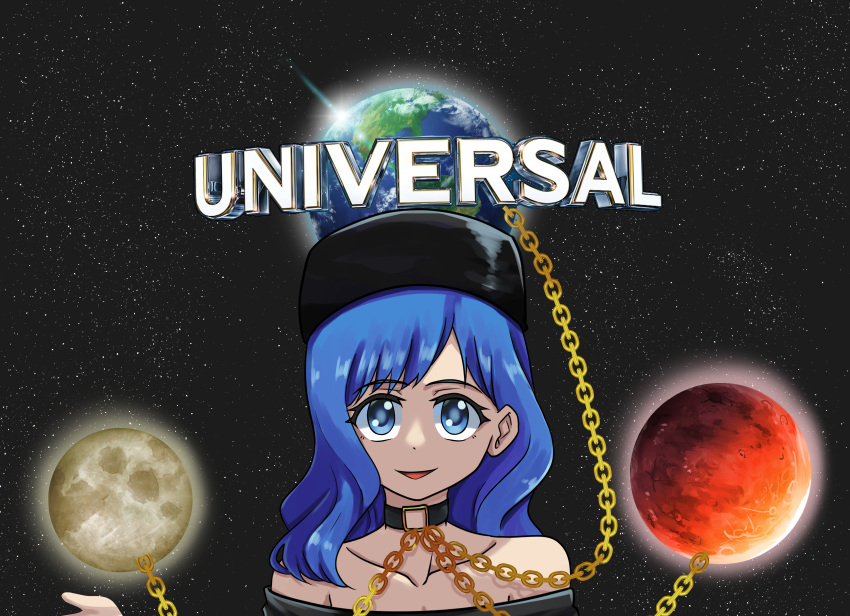 1girl, absurdres, bare_shoulders, black_background, black_headwear, blue_eyes, blue_hair, chain