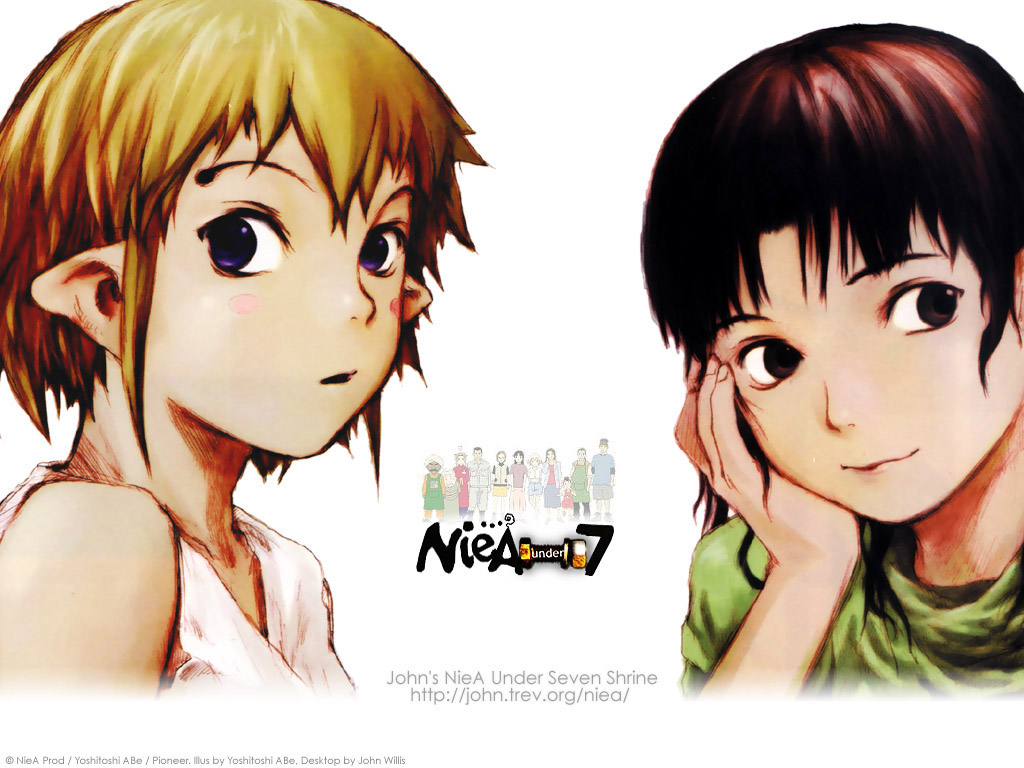 4boys, 6+girls, blue_eyes, blush_stickers, brown_eyes, brown_hair, chada_(niea_7), chigasaki_mayuko, enoshima_momo, hiyama_kotomi, kaana_(niea_7), karita_chie, karita_shuuhei, komatsu_chiaki, long_hair, niea, niea_(niea_7), niea_7, pointy_ears, short_hair, sidelocks, simple_background, someya_genzou, tagme, web_address, white_background, yoshioka_nenji