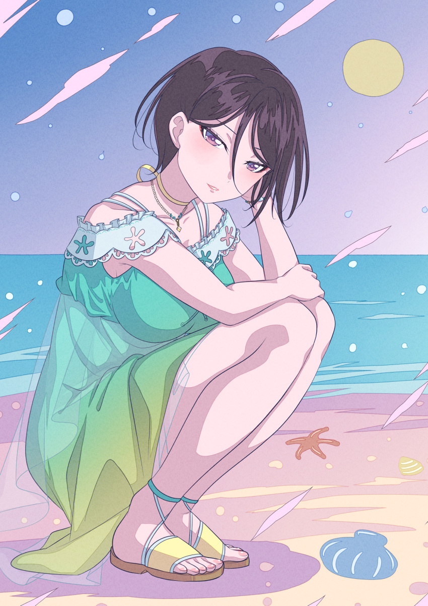 1girl, asymmetrical_hair, bang_dream!, beach, black_hair, blush, breasts, clam