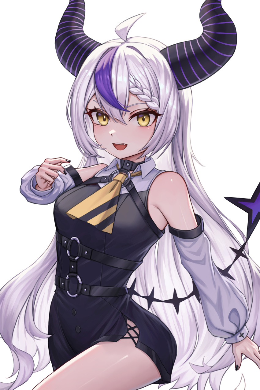 1girl, absurdres, ahaha_kun, ahoge, bare_shoulders, black_horns, black_nails, braid, braided_bangs, detached_sleeves, grey_hair, highres, hololive, horns, la+_darknesss, la+_darknesss_(1st_costume), long_hair, looking_at_viewer, multicolored_hair, pointy_ears, purple_hair, simple_background, streaked_hair, striped_horns, teeth, upper_teeth_only, virtual_youtuber, white_background, yellow_eyes