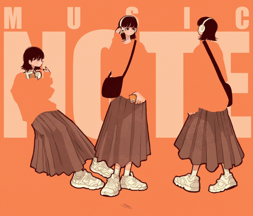 1girl, black_hair, black_nails, blending, brown_skirt, hand_up, highres, holding