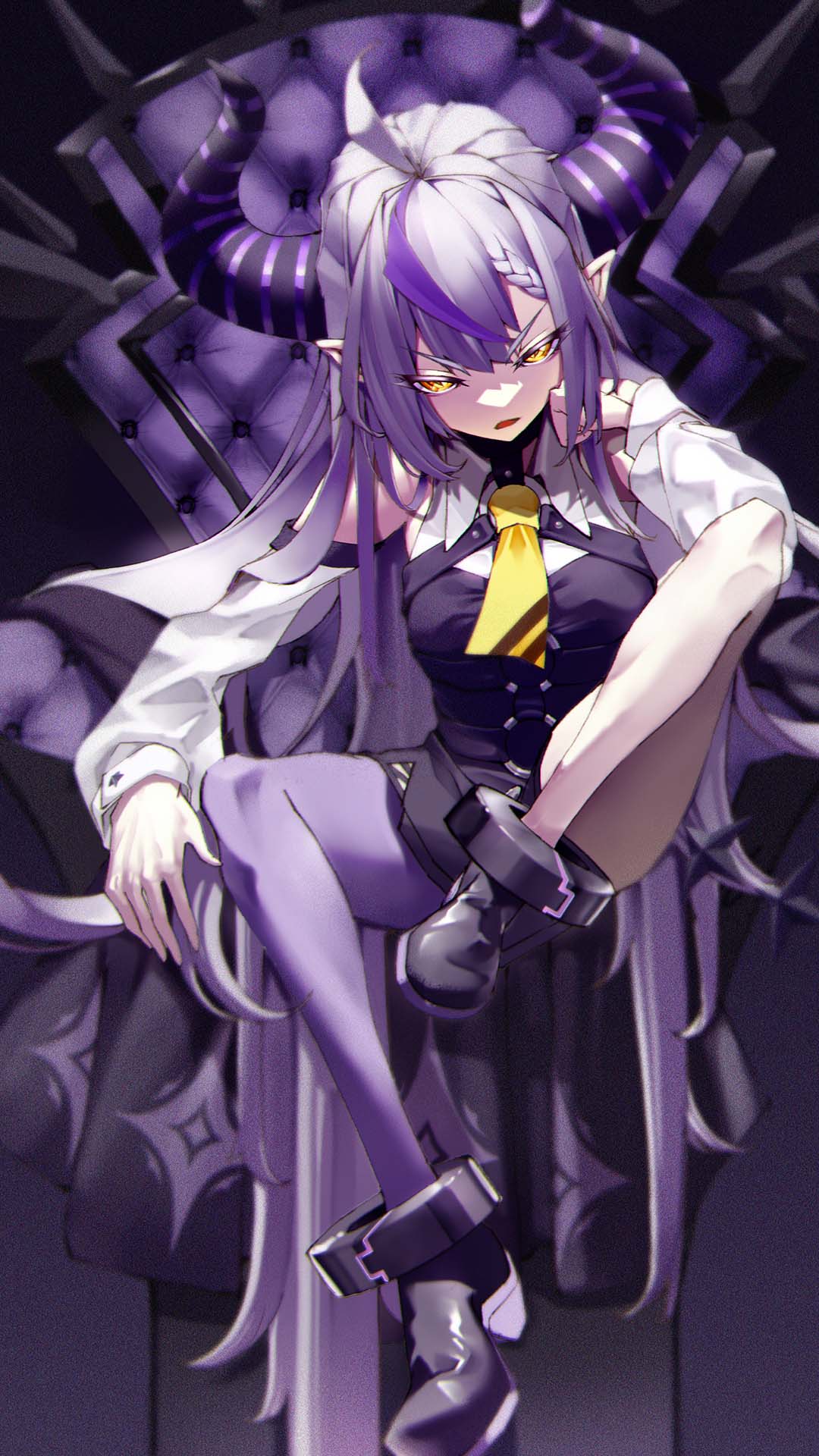 1girl, ahoge, ankle_cuffs, bare_shoulders, black_horns, bmwved, braid, braided_bangs, detached_sleeves, grey_hair, hand_on_own_face, highres, hololive, horns, la+_darknesss, la+_darknesss_(1st_costume), long_hair, multicolored_hair, pointy_ears, purple_hair, purple_thighhighs, single_thighhigh, streaked_hair, striped_horns, thigh-highs, virtual_youtuber, yellow_eyes