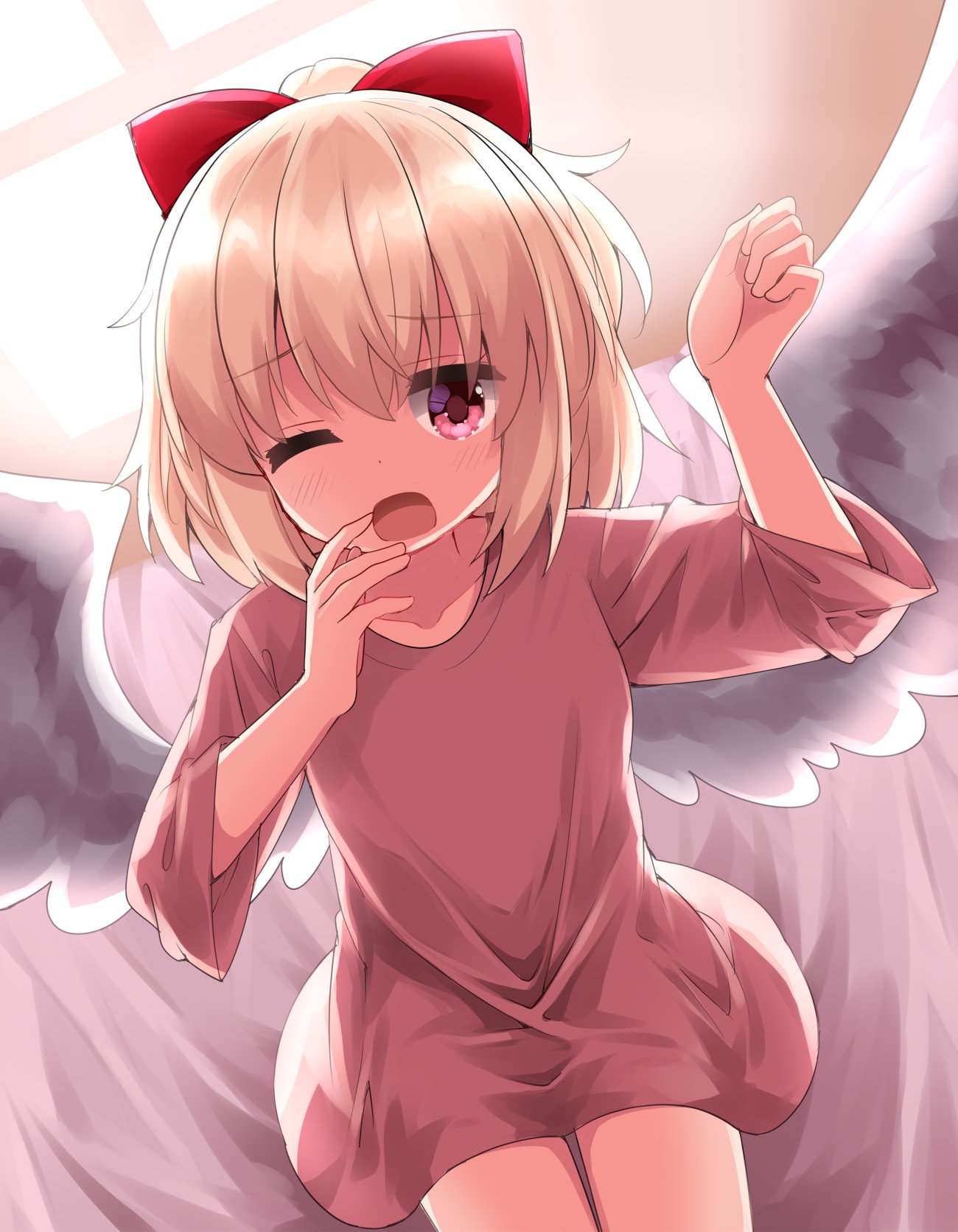 1girl, ;o, alternate_costume, arm_up, blonde_hair, commentary_request, dress, gengetsu_(touhou)