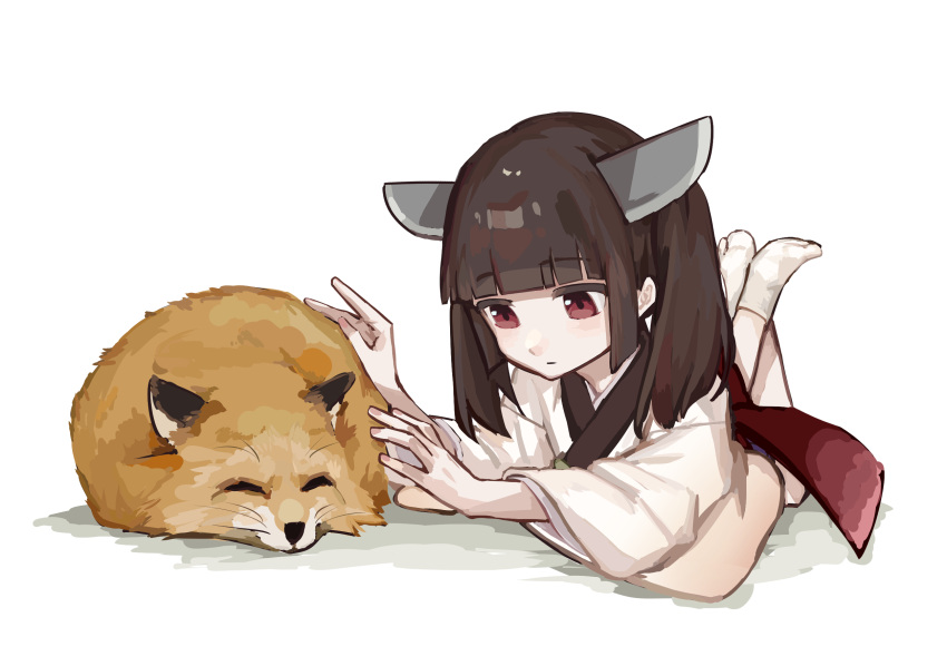 1girl, brown_hair, closed_mouth, colored_eyelashes, commentary_request, expressionless, feet_up, fox