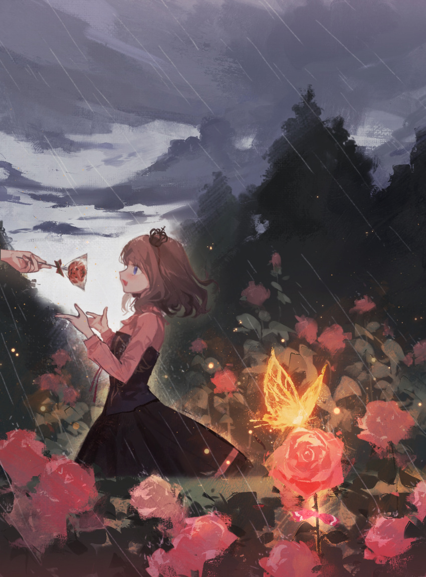 1girl, black_dress, blue_eyes, brown_hair, bug, bush, butterfly, clouds