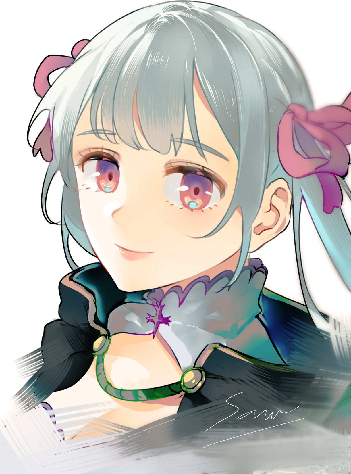 black_capelet, black_clover, capelet, closed_mouth, grey_hair, highres, light_smile, looking_at_viewer, low_twintails, noelle_silva, pink_eyes, portrait, sanii, signature, simple_background, twintails, white_background