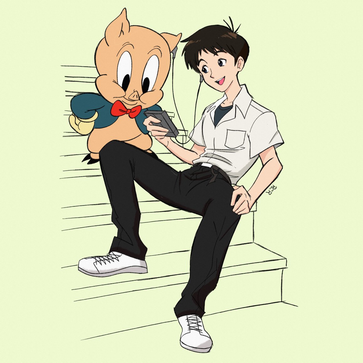 2boys, belt, black_pants, bow, crossover, friends, happy, headphones