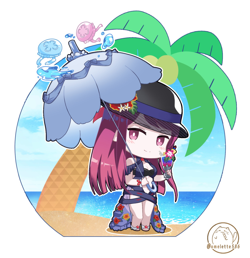 1girl, beach, black_headwear, blue_one-piece_swimsuit, chibi, cocktail_glass, cup, drink