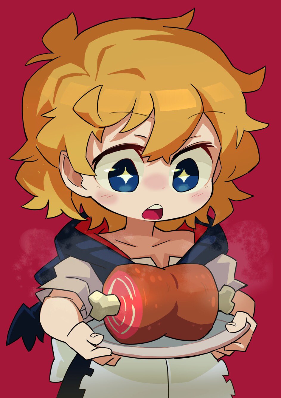 +_+, 1girl, apron, black_hood, blonde_hair, blue_eyes, blush, boned_meat, collarbone, commentary_request, cowboy_shot, dress, food, highres, holding, holding_plate, hood, hood_down, looking_at_food, luca_(majo_no_ryodan), meat, open_mouth, plate, red_background, refrain_no_chika_meikyuu_to_majo_no_ryodan, short_hair, short_sleeves, simple_background, solo, steam, the_omoti, white_apron