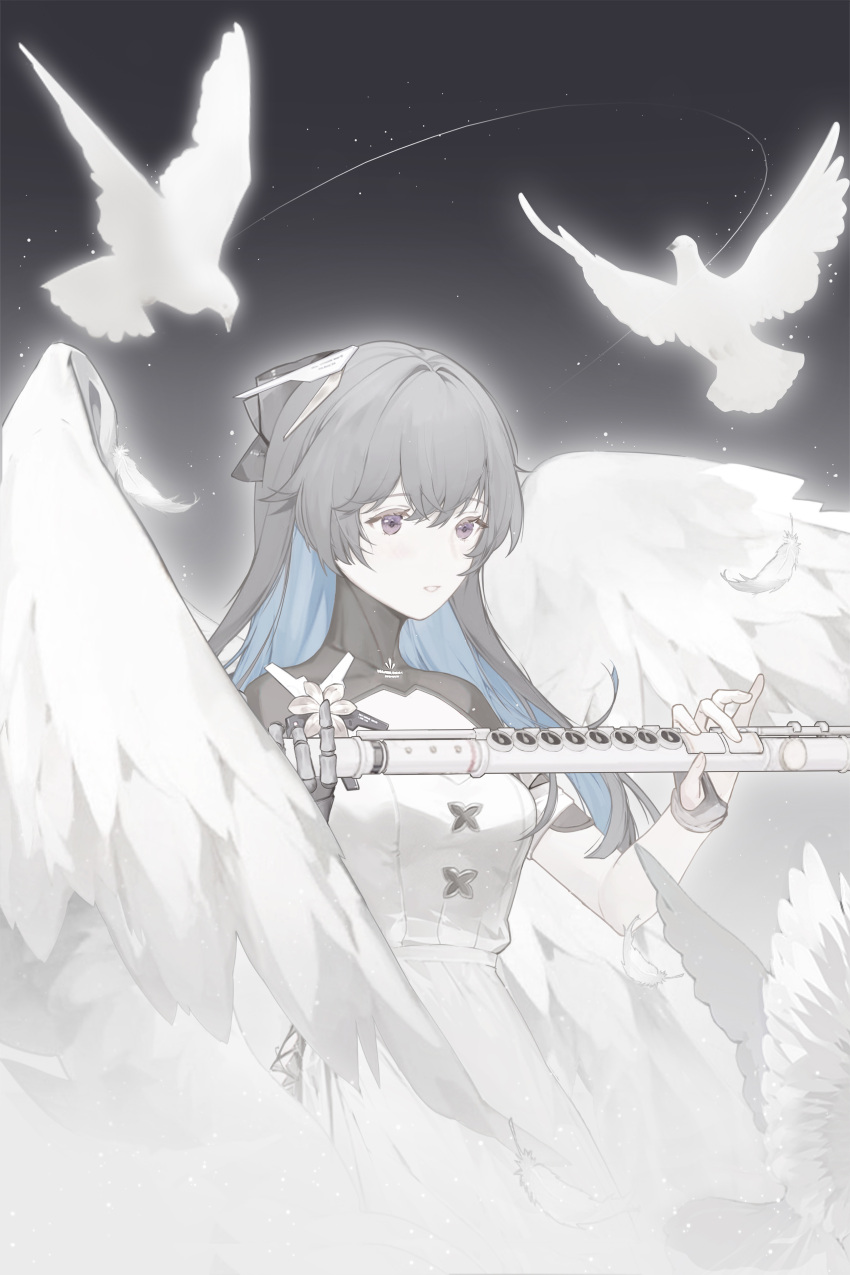 1girl, absurdres, adapted_costume, amphycion, angel_wings, bird, bird_request, black_gloves