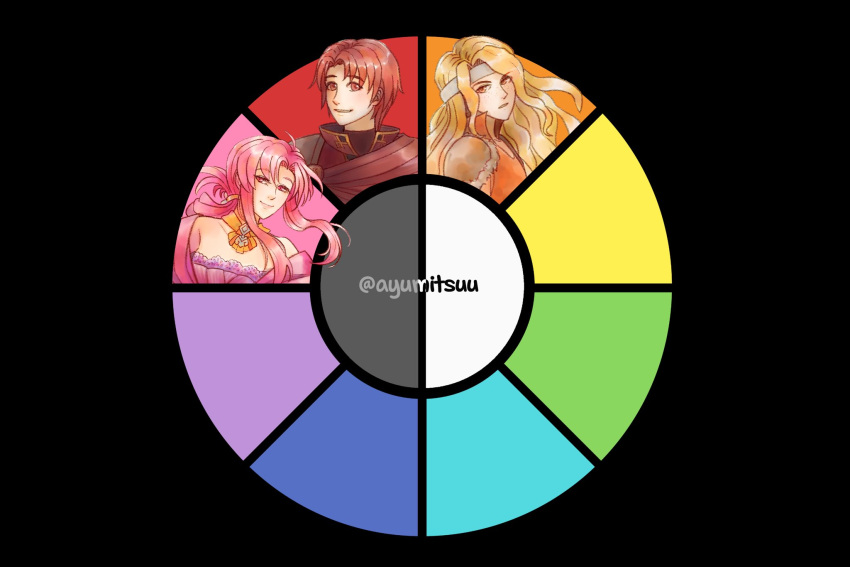 1boy, 1girl, ayumitsuu, azelle_(fire_emblem), blonde_hair, brigid_(fire_emblem), cape, color_wheel_challenge
