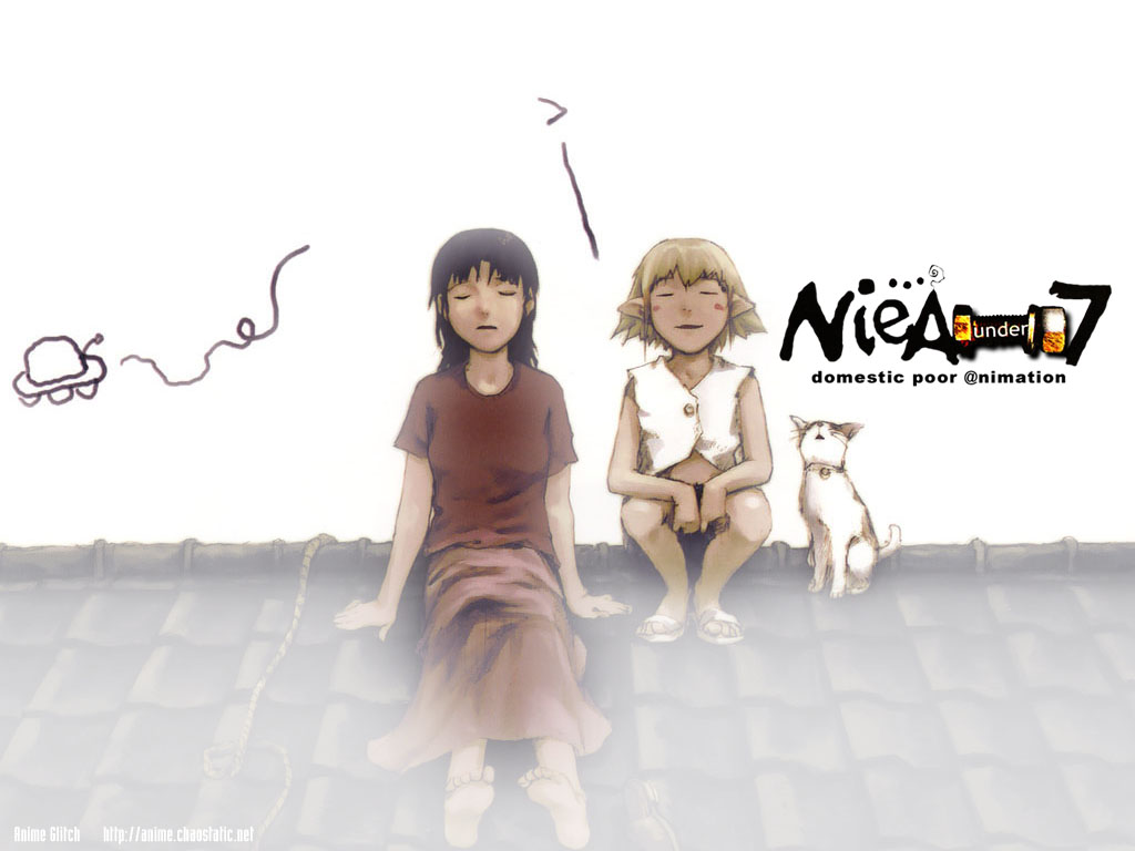 2girls, barefoot, blonde_hair, blush_stickers, brown_hair, cat, chigasaki_mayuko, fog