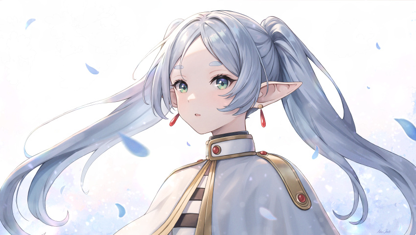 1girl, absurdres, capelet, earrings, elf, floating_hair, frieren, gem