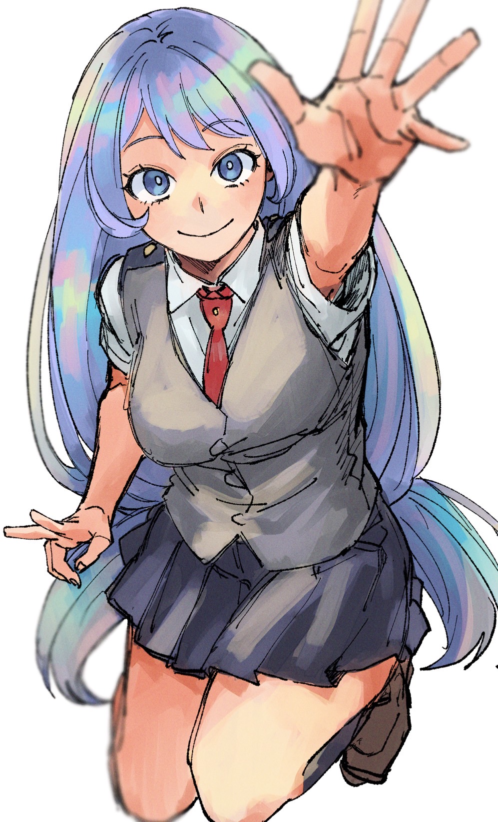 1girl, blue_eyes, blue_hair, boku_no_hero_academia, closed_mouth, collared_shirt, full_body, grey_skirt, grey_socks, grey_vest, hadou_nejire, highres, kneehighs, kneeling, long_hair, looking_at_viewer, miniskirt, necktie, nishino_(fetv8484), outstretched_arm, pleated_skirt, red_necktie, school_uniform, shirt, short_sleeves, simple_background, sketch, skirt, smile, socks, solo, straight_hair, v, very_long_hair, vest, white_background, white_shirt, wing_collar