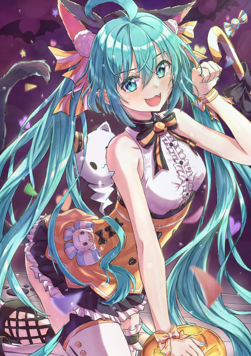 1girl, :d, ahoge, alternate_costume, animal_ears, black_hairband, black_skirt, blue_eyes