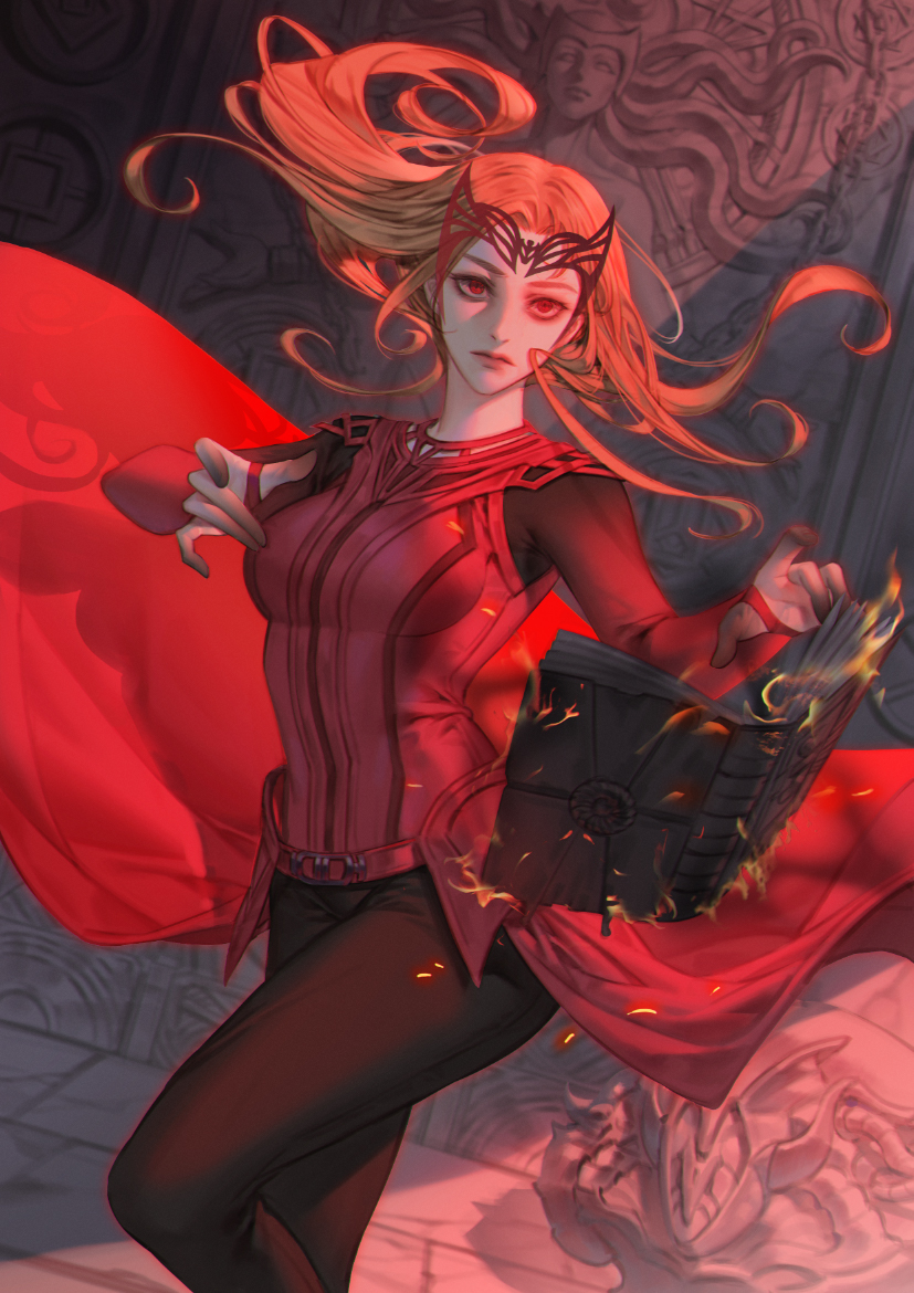1girl, black_bodysuit, bodysuit, book, breasts, closed_mouth, doctor_strange_in_the_multiverse_of_madness, fire, hands_up, jacket, lips, long_hair, looking_at_viewer, marvel, marvel_cinematic_universe, medium_breasts, open_book, orange_hair, poboong123, red_eyes, red_jacket, scarlet_witch, shadow, solo, standing, statue, tiara, wall, wanda_maximoff