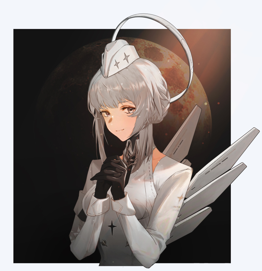 1girl, absurdres, amphycion, black_gloves, black_necktie, border, braid, braided_bun, breasts, brooch, chinese_commentary, clothing_cutout, collared_dress, commentary, dress, garrison_cap, gloves, grey_border, grey_eyes, hair_bun, halo, halo_behind_head, hat, highres, interlocked_fingers, jewelry, light_rays, liv:_empyrea_(punishing:_gray_raven), liv_(punishing:_gray_raven), looking_at_viewer, mechanical_halo, medium_breasts, moon, necktie, outside_border, own_hands_together, praying, punishing:_gray_raven, short_necktie, shoulder_cutout, sidelocks, sleeve_cuffs, smile, solo, sunbeam, sunlight, updo, upper_body, white_dress, white_hair, white_halo, white_headwear