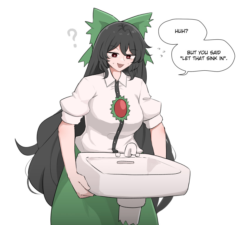 1girl, ?, black_hair, bow, breasts, buttons, collared_shirt, comedy