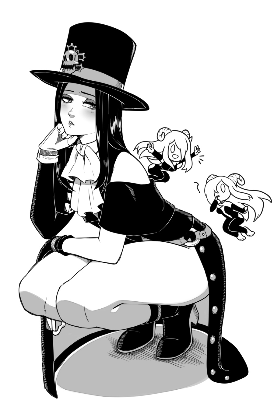 1other, 2girls, ascot, asymmetrical_gloves, bare_shoulders, belt, black_gloves, blush, demon_girl, english_commentary, eyeshadow, full_body, gloves, greyscale, guilty_gear, guilty_gear_strive, hand_on_own_face, hat, hat_ornament, high_heels, highres, kitsune23star, makeup, monochrome, multiple_girls, o-ring, o-ring_belt, parted_lips, shadow, simple_background, skull_hat_ornament, squatting, succubus_familiar, testament_(guilty_gear), thighs, tiptoes, top_hat, white_ascot, white_background, white_gloves