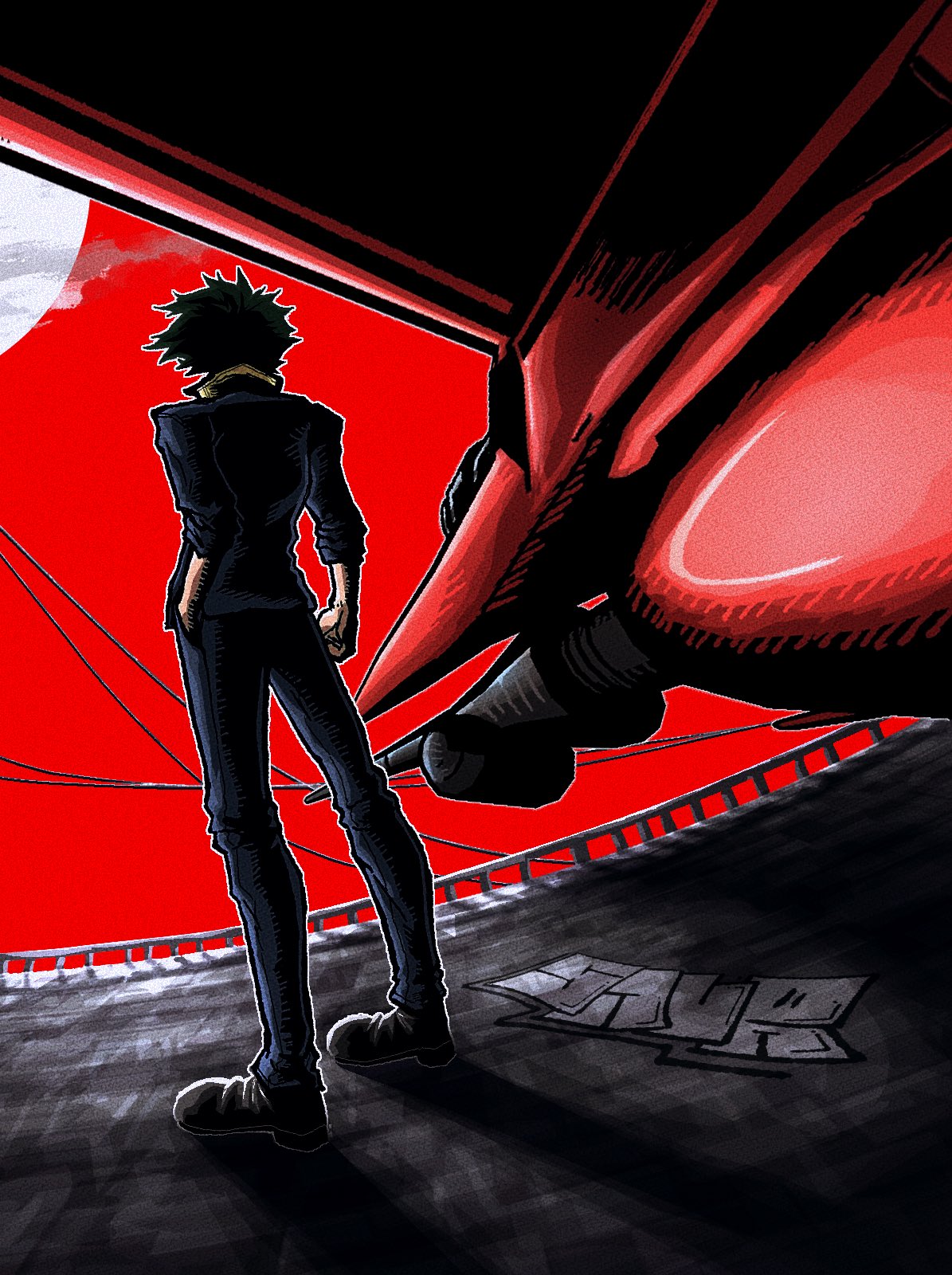 1boy, black_footwear, cable, cowboy_bebop, graffiti, hand_in_pocket, highres, messy_hair, moon, red_sky, shirt, sky, solo, spike_spiegel, spiky_hair, standing, swordfish_ii, thatdudesaur, yellow_shirt