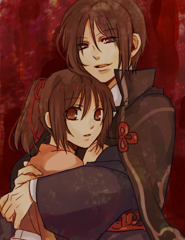 1girl, brother_and_sister, brown_hair, couple, hakuouki_shinsengumi_kitan, holding, hug, japanese_clothes, lowres, nagumo_kaoru, peke414, ponytail, siblings, smile, spoilers, twins, yukimura_chizuru