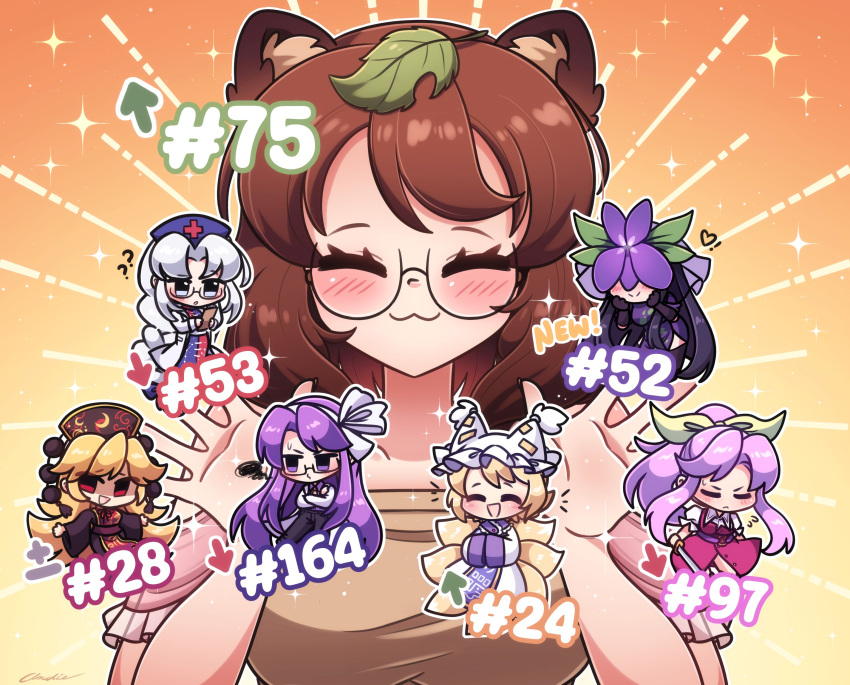 6+girls, absurdres, animal_ears, arrow_(symbol), asakura_rikako, ascot, belt, black_dress