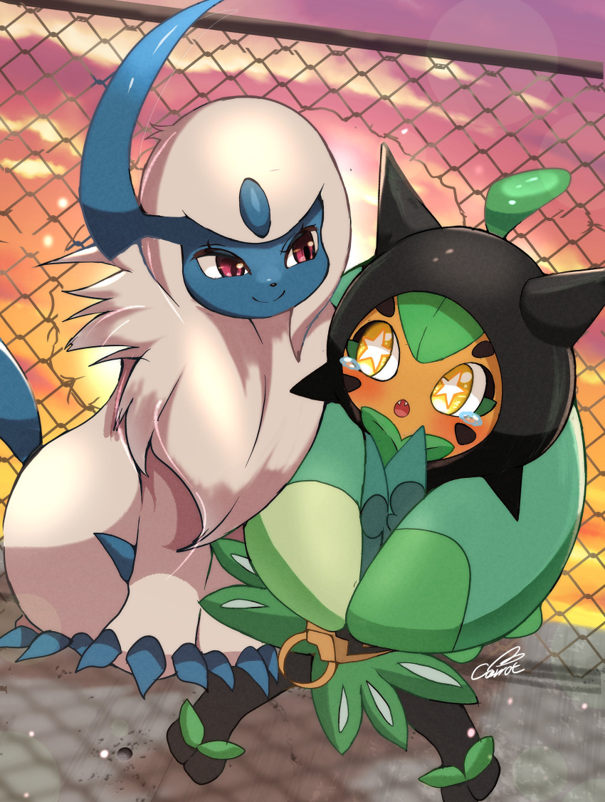 :o, absol, absurdres, animal_focus, blush, chain-link_fence, claws, commentary_request, fangs, fence, highres, horns, lop_shauntal2, mane, no_humans, ogerpon, pokemon, pokemon_(creature), red_eyes, single_horn, sitting, smile, star-shaped_pupils, star_(symbol), symbol-shaped_pupils, tail, tears, white_fur