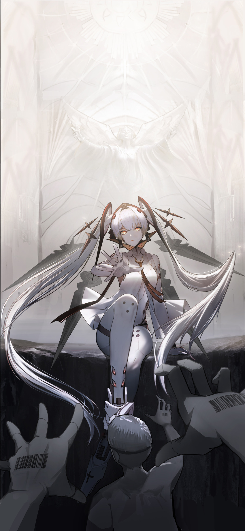 1girl, 2others, absurdres, amphycion, angel_statue, angel_wings, barcode, barcode_tattoo