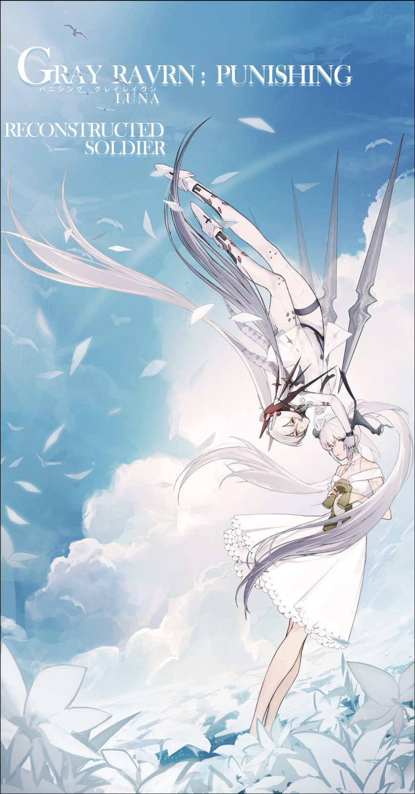 1girl, absurdres, alternate_universe, amphycion, asymmetrical_horns, bare_legs, bare_shoulders, blue_sky, bodysuit, breasts, character_name, clenched_hand, clouds, collar, commentary, copyright_name, covered_navel, cross-shaped_pupils, day, demon_horns, dress, dual_persona, english_commentary, english_text, falling_petals, field, floating, floating_hair_ornament, floating_object, floating_sword, floating_weapon, flower, flower_field, flying, hair_between_eyes, halter_dress, halterneck, hand_on_another's_cheek, hand_on_another's_face, headgear, heterochromia, highres, holding, holding_stuffed_toy, horns, leaning, long_hair, looking_at_another, looking_at_viewer, luna:_laurel_(punishing:_gray_raven), luna_(ascendant)_(punishing:_gray_raven), luna_(punishing:_gray_raven), mechanical_arms, mechanical_foot, medium_dress, midair, neck_ribbon, on_flower, petals, punishing:_gray_raven, ribbon, simple_bird, sky, small_breasts, stuffed_animal, stuffed_frog, stuffed_toy, sword, symbol-shaped_pupils, thigh_strap, twintails, upside-down, very_long_hair, weapon, white_bodysuit, white_collar, white_dress, white_flower, white_hair, yellow_eyes