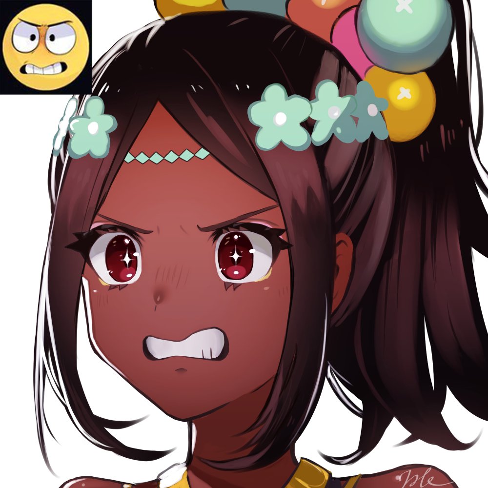 1girl, angry, bare_shoulders, circlet, clenched_teeth, dark-skinned_female, dark_skin, emoji