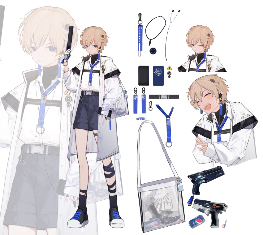 1boy, absurdres, aged_down, alternate_costume, amphycion, asymmetrical_legwear, badge, bag