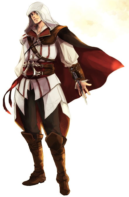 assassin's_creed_ii, blade, brown_eyes, brown_hair, cape, ezio_auditore_da_firenze, hood, kubokawa_(haifukikara), smile