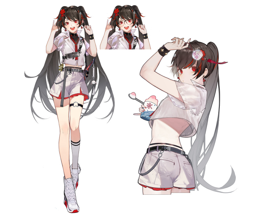 1girl, absurdres, alternate_costume, amphycion, back_peek, bare_legs, belt, black_hair, bracelet, breasts, chinese_commentary, commentary, concept_art, cropped_jacket, cup, dangle_earrings, earrings, fishnet_panties, flower, food, full_body, glasses, hair_flower, hair_ornament, hand_up, hands_up, highres, holding, holding_food, holding_spoon, holstered, jewelry, kneehighs, lapels, logo, long_hair, lucia_(punishing:_gray_raven), midriff, multicolored_hair, multiple_views, nail_polish, notched_lapels, open_mouth, punishing:_gray_raven, red_eyes, red_lips, red_nails, round_eyewear, shaved_ice, shorts, single_sock, small_breasts, smile, socks, spoon, streaked_hair, stuffed_animal, stuffed_frog, stuffed_toy, sword, thigh_strap, triangle_earrings, triangle_hair_ornament, twintails, very_long_hair, vest, weapon, white_footwear, white_shorts, white_socks, white_vest, wind_chime, x_hair_ornament