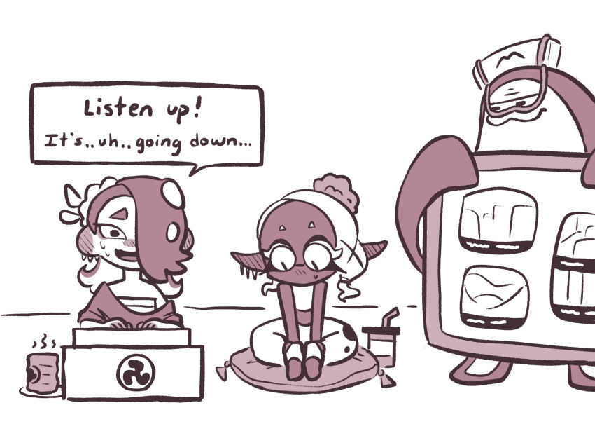 1boy, 2girls, :3, androgynous, between_legs, big_man_(splatoon), blush, boffix