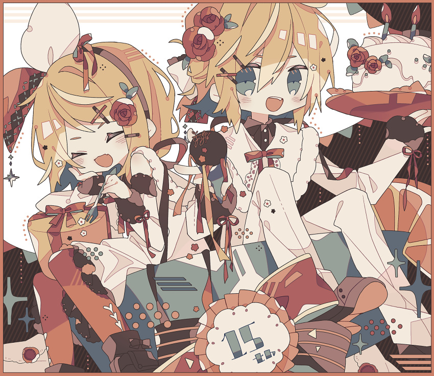 1boy, 1girl, anniversary, blue_eyes, border, brother_and_sister, brown_footwear, cake
